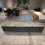 Refined Deep Green Textured TV Stand with Marble Top, Gold Metal Base and Concealed Storage Compartments